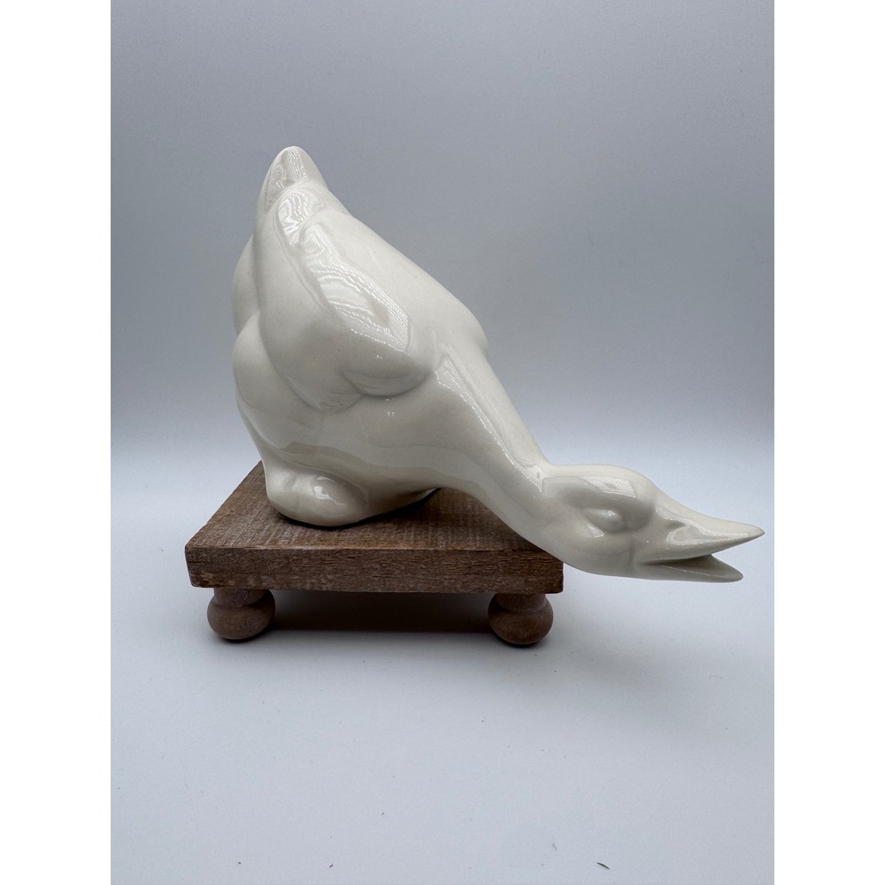 Vintage Ceramic Goose Figurine Cream Glazed Feeding Duck Bird Farmhouse Decor